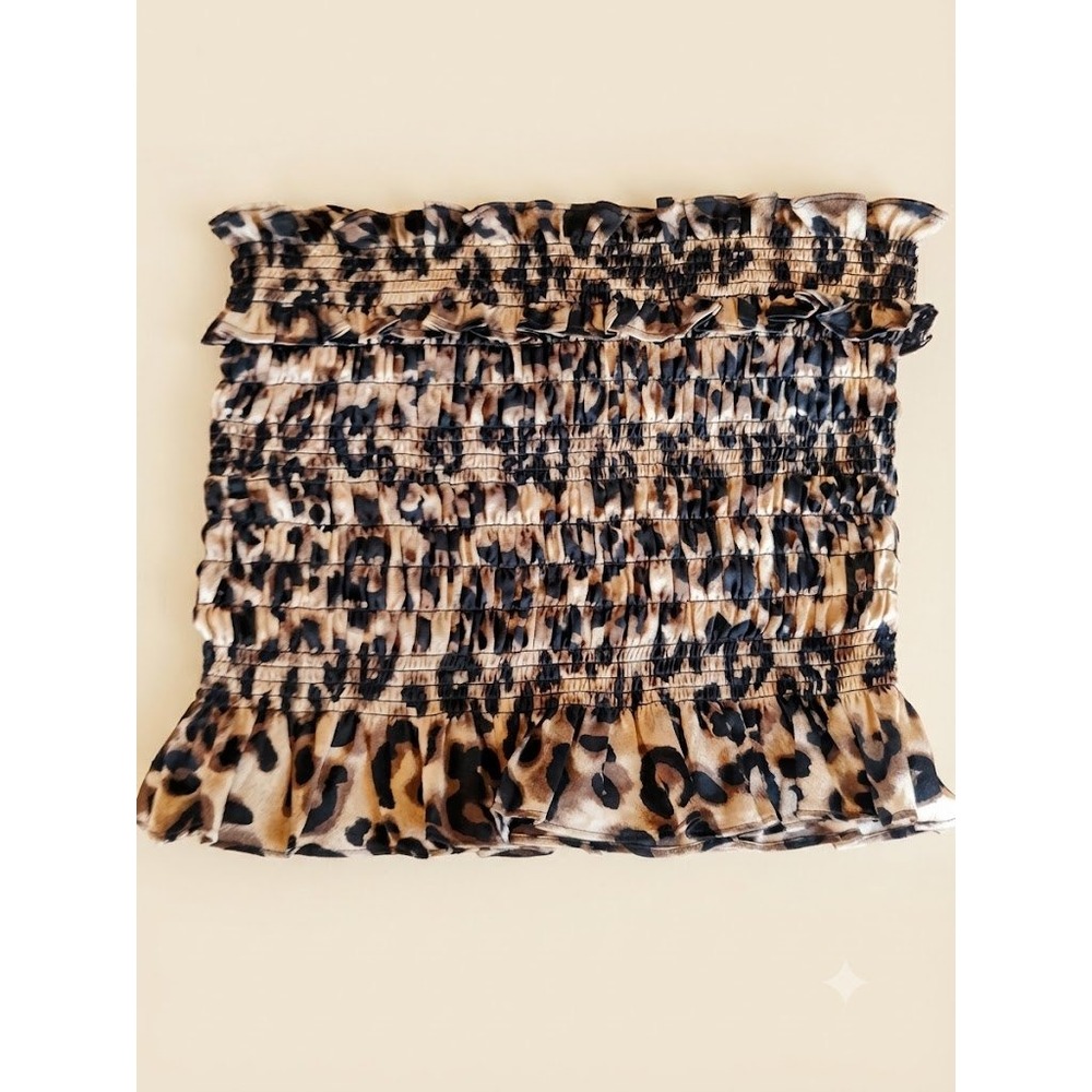Y2K JOA Womens Leopard Print M Smocked Tube Top Strapless Ruffle Animal Print